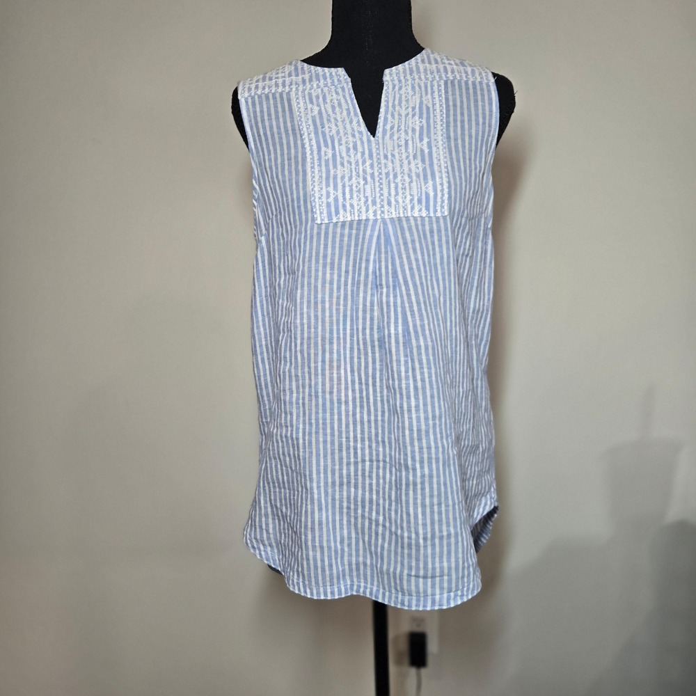Beachlunchlounge Tunic Women XS Blue Excellent Striped Linen Blend Embroidered